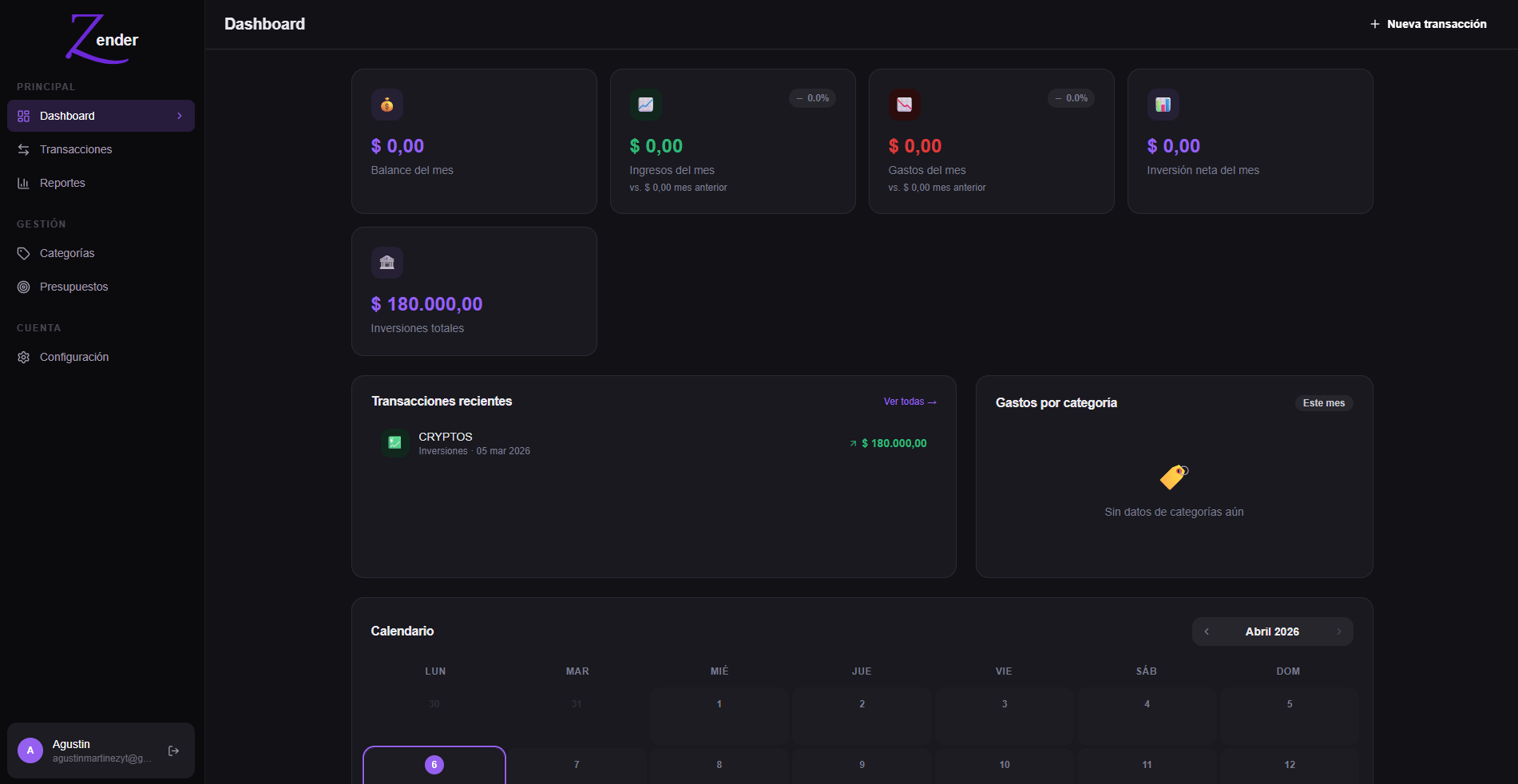 Imagen de Zender | Registro de gastos